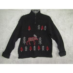 Vtg Timberlea Moose Christmas Sweater Trees Plaid Applique Knit Black Zip M